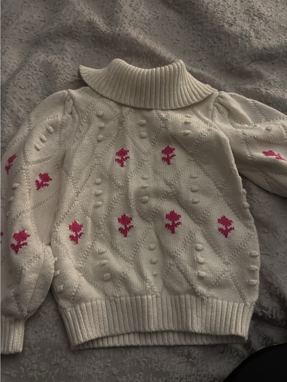 Janie and Jack Cream Turtleneck Sweater with Pink Floral Knit